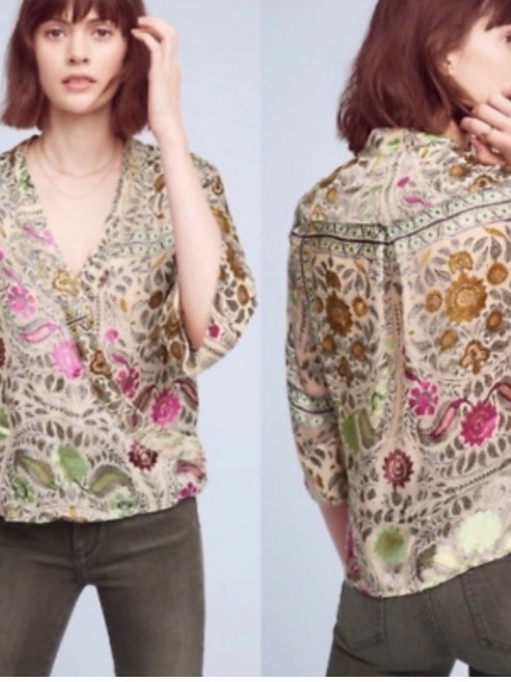 Floreat Japonica Velvet Burnout Silk Blend Paisley Floral V-Neck Blouse Size S